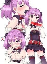 ;p black_legwear blush cum detached_sleeves facial fate/grand_order fate_(series) fellatio female flat_chest fujii_jun handjob helena_blavatsky_(fate) multiple_views nipples one_eye_closed oral penis purple_eyes purple_hair short_hair smile solo_focus thighhighs tongue tongue_out