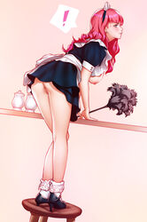 ! 1girls ass breasts embarrassed female full_body high_heels highres literal_nsfw long_hair maid maid_headdress miniskirt nipples no_panties original panties pantyshot pink_hair pink_lady_mage_(character) pinkladymage pussy skirt solo standing_on_object sweatdrop underwear