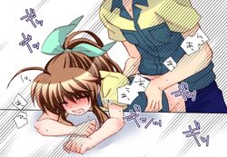 1boy ahoge brown_hair doggy_style female fuuka_reventon hair_ribbon kohaku_(kohagura) lyrical_nanoha open_mouth ribbon sex straight vivid_strike!