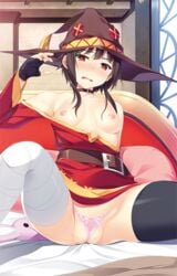 bandage bed belt black_hair blush breasts collarbone dress embarrassed female fingerless_gloves gloves hat homura_k kono_subarashii_sekai_ni_shukufuku_wo! looking_at_viewer megumin nipples no_bra on_bed panties pussy red_eyes short_hair sitting skirt small_breasts solo spread_legs thighhighs uncensored underwear witch_hat