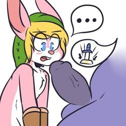 a_link_to_the_past anthro balls blue_eyes blush buckteeth chest_tuft crackers dialogue erection fur furry ganon humanoid hylian imminent_sex lagomorph link link_(rabbit_form) male mammal nintendo penis pig porcine rabbit simple_background teeth the_legend_of_zelda tuft vein veiny_penis yaoi