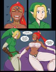 1boy 1girls afrobull ball_grab blonde_hair breasts brown_gloves bulge cleavage clothed clothing dark-skinned_female dark_skin earrings english_text female fingerless_gloves gerudo gloves hat humanoid interracial jewelry large_breasts link link_(ocarina_of_time) male nabooru navel necklace nintendo ocarina_of_time orange_hair pointy_ears shiny shiny_skin smile speech_bubble straight text the_legend_of_zelda white_gloves white_lipstick