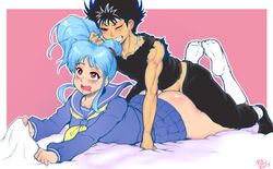 1boy 1girls ahe_gao aqua_hair ass black_hair blue_hair blush botan breasts clothed_sex clothing doggy_style drooling female from_behind full_body gritted_teeth hair_pull heart-shaped_pupils hiei interspecies large_breasts long_hair male no_panties on_stomach open_mouth pale-skinned_female pale_skin ponytail_hold prone_bone purple_eyes randomboobguy school_uniform sex sheet_grab shinigami shounen_jump skirt socks straight yu_yu_hakusho