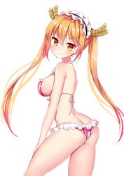 ass bangs bikini blonde_hair breasts cowboy_shot dragon_girl dragon_horns eyebrows_visible_through_hair female female_only frilled_bikini frills from_side gradient gradient_eyes gradient_hair hair_between_eyes hand_on_own_chest hand_up horns ju_topia large_breasts long_hair long_twintails looking_at_viewer maid_headdress miss_kobayashi's_dragon_maid multicolored_eyes multicolored_hair orange_eyes orange_hair shiny shiny_skin sideboob simple_background slit_pupils smile solo striped swimsuit tied_hair tohru_(dragon_maid) twintails vertical-striped_bikini vertical_stripes white_background yellow_eyes