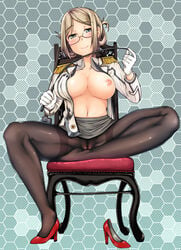 black_legwear blush breasts brown_hair cameltoe chair crotch_seam epaulettes feet female folded_ponytail glasses gloves green_eyes high_heels highres jacket kantai_collection katori_(kantai_collection) large_breasts military military_uniform miniskirt misaki_takahiro navel necktie nipples no_bra no_panties one_breast_out open_clothes open_jacket open_shirt pantyhose red-framed_eyewear riding_crop semi-rimless_glasses shirt single_shoe sitting skirt smile solo thighband_pantyhose under-rim_glasses undone_necktie uniform white_gloves