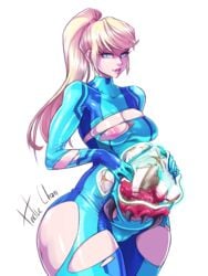 baby_(metroid) blonde_hair blue_eyes bodysuit breasts cameltoe female gloves looking_at_viewer medium_breasts metroid metroid_(creature) milf nintendo ponytail samus_aran skin_tight tagme torn_bodysuit torn_clothes turtlechan zero_suit zero_suit_samus