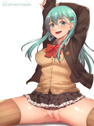 blouse brown_jacket brown_legwear brown_skirt brown_sweater buttons censored female green_eyes green_hair hair_ornament hairclip kantai_collection kurowan long_hair mosaic_censoring neck_ribbon no_panties open_mouth pleated_skirt pussy red_ribbon ribbon simple_background skirt smile solo suzuya_(kantai_collection) thighhighs twitter_username white_background white_blouse