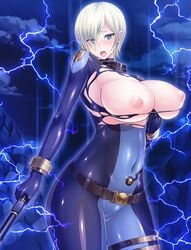 00s blonde_hair blue_eyes bodysuit breast_grab breasts female female large_breasts laura_flockhart lilith-soft looking_at_viewer miyamoto_issa moaning nipples shiny_skin short_hair taimanin_asagi_battle_arena weapon