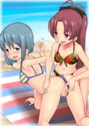 2girls all_fours anal_fingering anus ass bare_shoulders beach bikini blue_eyes blue_hair blush breasts breath female female_only fingering hair_ribbon human long_hair looking_back mahou_shoujo_madoka_magica medium_breasts miki_sayaka multiple_girls navel open_mouth ponytail pussy qm red_eyes red_hair ribbon sakura_kyouko short_hair small_breasts spread_legs sweat teeth thighs tied_hair tongue very_long_hair yuri