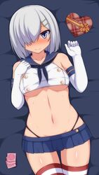 bare_shoulders bed_sheet black_neckerchief black_panties blue_eyes blue_skirt blush breasts closed_mouth collarbone condom_wrapper cosplay crop_top double-breasted elbow_gloves female full-face_blush gloves hair_ornament hair_over_one_eye hairclip hamakaze_(kantai_collection) heart-shaped_box highres kantai_collection looking_at_viewer looking_up lying medium_breasts microskirt miniskirt navel on_back orange_ribbon panties pleated_skirt ribbon sailor_collar shimakaze_(kantai_collection) shimakaze_(kantai_collection)_(cosplay) shiny shiny_skin short_hair silver_hair skirt smile stomach striped striped_legwear thighhighs thong_panties underboob underwear valentine white_gloves zack_(haiuinndo) zettai_ryouiki