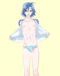 1boy blue_hair looking_at_viewer male male_only manami_sangaku nipples panties presenting smile solo underwear undressing yaoi yowamushi_pedal