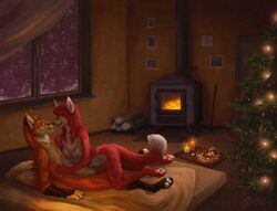 anthro aryani bed bluari breasts canine christmas christmas_tree detailed detailed_background female fireplace fox furry holidays male mammal nipples on_bed romantic romantic_couple smile straight tree werefox winter