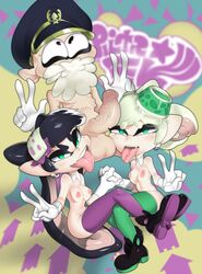 1boy 2girls balls black_hair boggle breasts callie_(splatoon) cephalopod_humanoid color cousins female grandfather green_eyes holding_hands incest lagalamel light_skin marie_(splatoon) nipples penis splatoon squid_sisters tentacle_hair thighhighs tongue_out uncensored white_hair