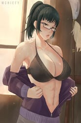 1girls belly big_breasts black_bra bra breasts female female_focus female_only getting_undressed glasses green_hair indoors jacket jujutsu_kaisen long_hair looking_away mchiefy muscular muscular_female navel open_clothes open_jacket ponytail purple_jacket solo solo_female solo_focus stomach sweat sweatdrop sweating undressing upper_body zenin_maki