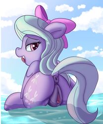 anus ass clitoris cloud cutie_mark equine eyebrows eyelashes female flitter_(mlp) friendship_is_magic half-closed_eyes hi_res horse looking_at_viewer mammal my_little_pony nude pegasus pony pussy ribbons saliva sitting sky snout solo tongue tongue_out unknown_artist vaginal_penetration water wings