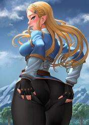 1girls 2d anus ass ass_grab ass_support blonde_hair blue_background blue_eyes blush braid breasts breath_of_the_wild bubble_butt cameltoe covered_breasts cowboy_shot crown_braid dat_ass deep_skin female female_only fingerless_gloves from_behind gloves hair_ornament hairclip high_resolution hips huge_ass lasterk leggings legs light-skinned_female light_skin long_hair long_sleeves looking_at_viewer looking_back medium_breasts nintendo outdoors pale-skinned_female pale_skin pants parted_lips pointy_ears princess princess_zelda revision sideboob simple_background single_braid sky solo spread_anus the_legend_of_zelda thighs tied_hair tight_pants uncensored very_high_resolution zelda_(breath_of_the_wild)