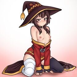 1girls artist_name bandaged_leg bandages bare_shoulders belt black_belt black_gloves black_headwear black_legwear blush breasts brown_hair collar collarbone dress fingerless_gloves gloves gradient gradient_background hat kono_subarashii_sekai_ni_shukufuku_wo! looking_at_viewer megumin mismatched_legwear nipples off_shoulder red_dress red_eyes short_hair short_hair_with_long_locks sidelocks single_thighhigh sitting small_breasts solo thighhighs witch_hat