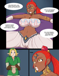 1boy 1girls afrobull blonde_hair blue_eyes breasts brown_gloves cleavage clothed clothing dark-skinned_female dark_skin earrings english_text female fingerless_gloves gerudo gloves humanoid jewelry large_breasts link link_(ocarina_of_time) male nabooru navel necklace nintendo ocarina_of_time orange_hair pointy_ears shiny shiny_skin smile text the_legend_of_zelda white_lipstick yellow_eyes