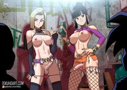 2boys 2futas android_18 areola balls black_hair blonde_hair body_writing breasts chichi condom condom_accessories curvy dragon_ball dragon_ball_z erect_nipples erection erection_under_clothes erection_under_skirt fishnets foreskin futa_with_futa futa_with_male futanari hourglass_figure intersex large_breasts long_fingernails male microskirt milf money multiple_boys multiple_futa muscular_futanari nail_polish nipple_piercing nipples no_panties nude panties_down penis penis_under_clothes penis_under_skirt piercing prostitute prostitution pubic_hair revealing_clothes short_hair skirt skirt_lift standing tekuho thighhighs thong voyeur wedding_ring