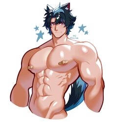 abs bara biceps big_chest big_pecs black_hair brown_eyes covered_nipples gay huge_chest huge_pecs male male_only muscular muscular_male nipples sachuman tail wolf_ears wolf_tail