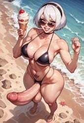 2b ai_generated bikini bikini_top bra cum cum_drip cum_on_body cum_on_breasts cum_on_face fishnets futa_focus futa_only futanari huge_ass huge_breast huge_butt huge_cock nier:_automata