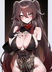 1girls ai_generated akihime69 breasts brown_hair female female_only genshin_impact hu_tao_(genshin_impact) large_breasts light-skinned_female light_skin long_hair looking_at_viewer solo thighs wide_hips