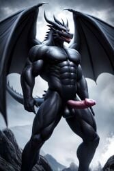 ai_generated anthro balls black cock dragon erect gay horns male muscular naked nude penis scales solo spikes tail wings