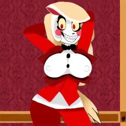 alternate_version_at_source big_breasts charlie_morningstar_(hazbin_hotel) clothed_futanari futanari_connoisseur_(artist) hazbin_hotel looking_at_viewer pixel_art solo surprise_futa