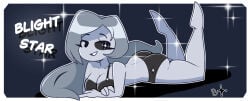 1girls black_sclera blightstar blightstar_(blightstar) character_name cleavage feet_up female_only grey_body grey_hair half-dressed looking_at_viewer matching_underwear on_stomach original original_character smile solo star_eye tagme underwear