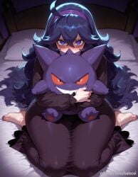 @_@ ahoge ai_generated balecxi barefoot bed black_dress blush feet female gengar hair_between_eyes hex_maniac hex_maniac_(pokemon) long_hair looking_at_viewer nail_polish pokemon pokemon_(creature) pokemon_xy purple_eyes purple_hair purple_hairband purple_nails sitting toenails toes wariza