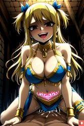 1girl1boy ai_generated big_breasts blonde_hair brown_eyes collar cowgirl_position cum cum_in_pussy cum_inside dancer_outfit dungeon empty_eyes evil evil_grin evil_smile fairy_tail female harem_outfit huge_breasts long_hair looking_at_viewer lucy_heartfilia motion_lines muscular_male no_pupils omega_weirdo patreon pov pubic_tattoo ribbon ribbon_in_hair sex slave_collar smiling_at_viewer straddling twintails womb_tattoo