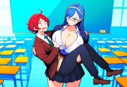 1boy ai_generated breast_grab breasts cleavage female huge_breasts large_breasts long_hair school_uniform size_difference smile