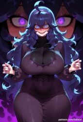 @_@ ahoge ai_generated alternate_breast_size balecxi black_dress blush curvy female hex_maniac hex_maniac_(pokemon) huge_breasts long_hair looking_at_viewer open_mouth patreon_username pokemon pokemon_xy purple_eyes purple_hairband purple_nails smile wide_hips