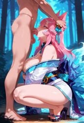 1boy ahri_(league_of_legends) ai_generated animal_ear_fluff animal_ears balecxi bare_shoulders blue_eyes blue_hair cum_in_mouth cum_on_body cum_on_breasts deepthroat facial_mark feet fellatio female fox_ears fox_tail from_side hair_bell hair_ornament irrumatio japanese_clothes kimono large_breasts league_of_legends long_hair mosaic_censoring multicolored_hair oral penis pink_hair sandals spirit_blossom_ahri spirit_blossom_series squatting straight testicles toenails toes whisker_markings