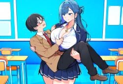 1boy ai_generated breast_grab breasts cleavage female huge_breasts large_breasts long_hair school_uniform size_difference smile