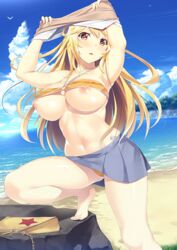 1girls bag barefoot beach bikini bird blonde_hair blush breasts cloud day female homura_k large_breasts long_hair looking_at_viewer navel nipple_slip nipples ocean open_mouth orange_bikini outdoors rock school_uniform schoolgirl shokuhou_misaki shoulder_bag skirt sky solo swimsuit teenage_girl teenager to_aru_kagaku_no_railgun to_aru_majutsu_no_index tokiwadai_school_uniform undressing wardrobe_malfunction yellow_eyes young