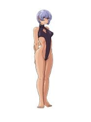 arms_behind_back cleavage_cutout clothing_cutout doekuramori eyebrows feet fingernails full_body hair_between_eyes leotard martyr_(the_citadel) match official_art open_mouth purple_eyes purple_hair purple_leotard standing teeth the_citadel the_martyr toenails toes transparent_background