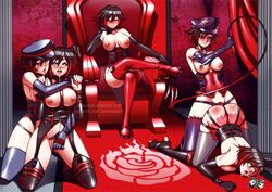 ahe_gao ass black_hair bondage breasts breasts_out choker corset dildo female female_only femdom femsub fingering from_behind jadenkaiba latex multiple_girls multiple_subs nipples ruby_rose rwby selfcest silver_eyes slave strap-on tagme throne whip yuri