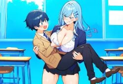 1boy ai_generated breast_grab breasts cleavage female huge_breasts large_breasts long_hair school_uniform size_difference smile