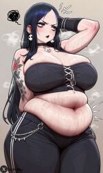 ai_generated belly big_breasts big_thighs black_panties black_topwear blonde_female blonde_hair blonde_hair_female blue_eyes chubby chubby_female girlfriend goth goth_girl gothic juices massive_breasts massive_tits middle_finger milf mommy saliva saliva_drip saliva_string saliva_trail short_hair