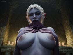 1girls 3d 3d_(artwork) areolae baldur's_gate baldur's_gate_3 breasts detailed_background drow dungeons_and_dragons elf elf_ears elf_female female female_focus female_only forgotten_realms koelet3d large_breasts looking_at_viewer minthara nipples red_eyes solo solo_focus white_hair wizards_of_the_coast