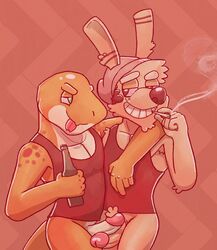 anthro bottomless duo furry fvorte_(character) gecko humanoid_penis lagomorph lizard male mammal penis rabbit reptile sawyer_(geckoecho) scalie yaoi zetrocci