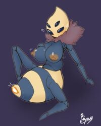 1female 1girls 2025 absurdres antennae anthro areolae bayonet_(artist) bee big_breasts blush breasts censored censored_pussy female female_only fluffy furry furry_female furry_only grey_body grey_skin hips hollow_knight huge_breasts humanoid insect_girl insect_humanoid insects lying lying_down massive_breasts multi_eye neck_tuft queen queen_bee queen_vespa solo stinger thick_thighs thighs wasp wide_hips