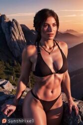 1girls ai_generated bikini black_bikini breasts brown_hair detailed dirty hi_res highres lara_croft lara_croft_(survivor) lips medium_breasts navel necklace ponytail realistic solo synthpixel tomb_raider tomb_raider_(survivor) watermark web_address