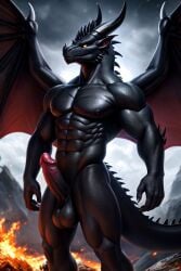 ai_generated anthro balls black cock dragon erect gay horns male muscular naked nude penis scales solo spikes tail wings