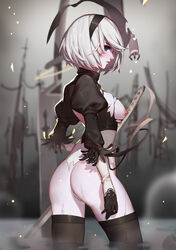 1girls ass black_dress black_legwear black_thighhighs blindfold blue_eyes breasts cleavage_cutout covered_eyes dress female female_only gloves hair_ornament hairband holding_sword holding_weapon large_breasts legwear leotard nier nier:_automata nipples pussy short_hair silver_hair solo sword thighhighs torn_clothes weapon white_hair yorha_2b