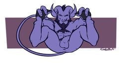 anthro anus armpits body_hair chest_hair deadgoliath flaccid fur looking_at_viewer male male_only presenting purple_fur rikimaru_the_stealth_assassin satyr simple_background solo spreading testicles tongue tongue_out