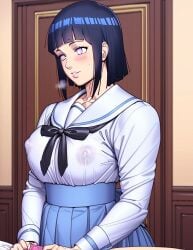 1girls ai_generated blush classroom condom covered_nipples female holding_condom hyuuga_hinata ivanko large_breasts naruto naruto_shippuden nipples purple_eyes school_uniform serafuku short_hair