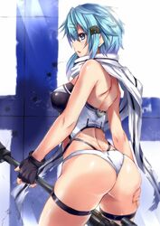 1girls asada_shino blue_eyes blue_hair breasts butt clothes fat_ass female gun gun_gale_online medium_breasts panties pgm_ultima_ratio_hecate_ii scarf sinon solo sword_art_online sword_art_online:_phantom_bullet weapon