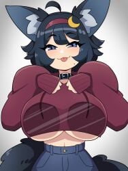 1girls :3 against_glass ahoge big_breasts blep blue_eyes breast_press breasts_against_glass collar commission dark_blue_hair eyelashes female female_only hi_res hoodie j5daigada looking_at_viewer mole mole_under_mouth narrowed_eyes slit_pupils smiling smiling_at_viewer solo tail wolf_ears wolf_girl